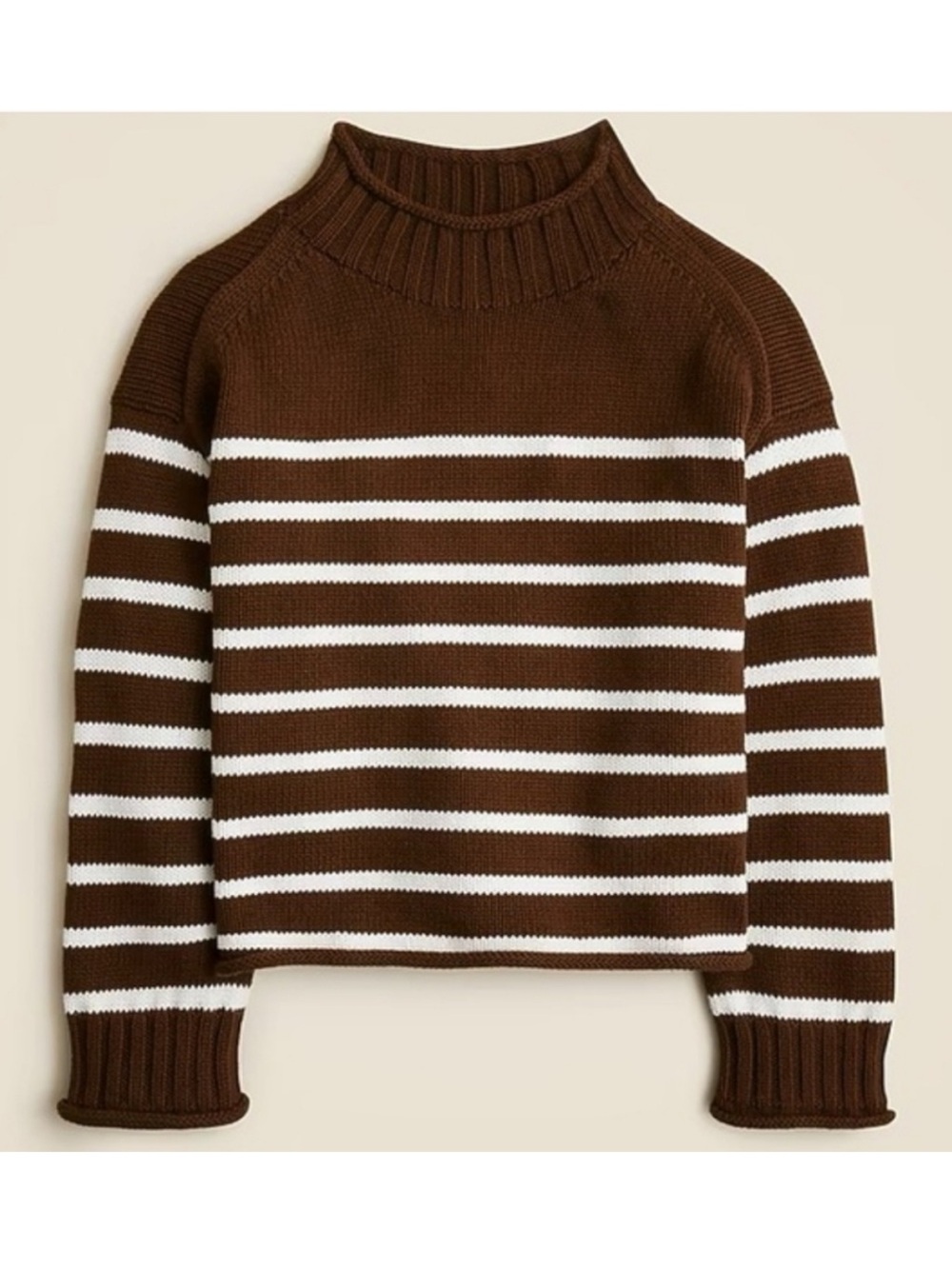 J.CREW Brown and White Striped Crewneck Sweater